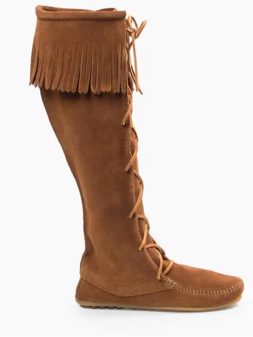 Minnetonka Women's Over-the-Knee Fringe Lace-Up Boots — Brown Suede